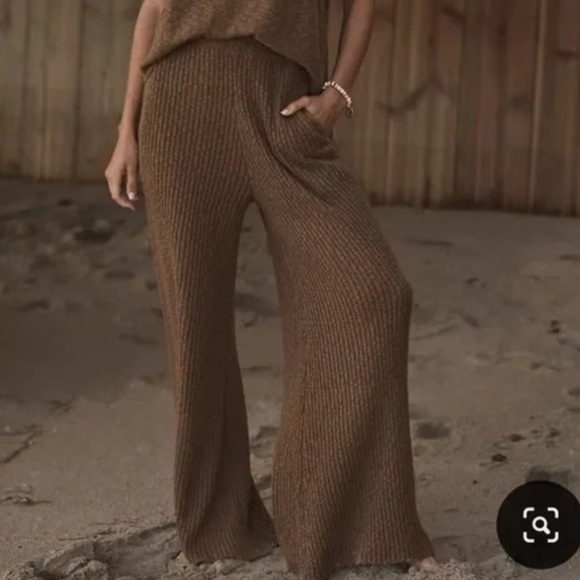 FREE PEOPLE BEACH Pants Brown Ribbed Knit Wide-Leg LARGE - Picture 1 of 10